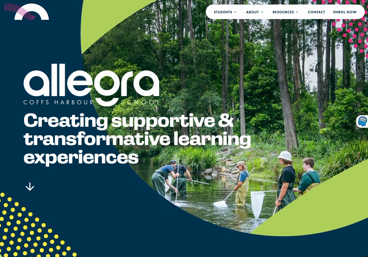 Allegra School homepage with bold typography, colourful shapes and outdoor learning photography