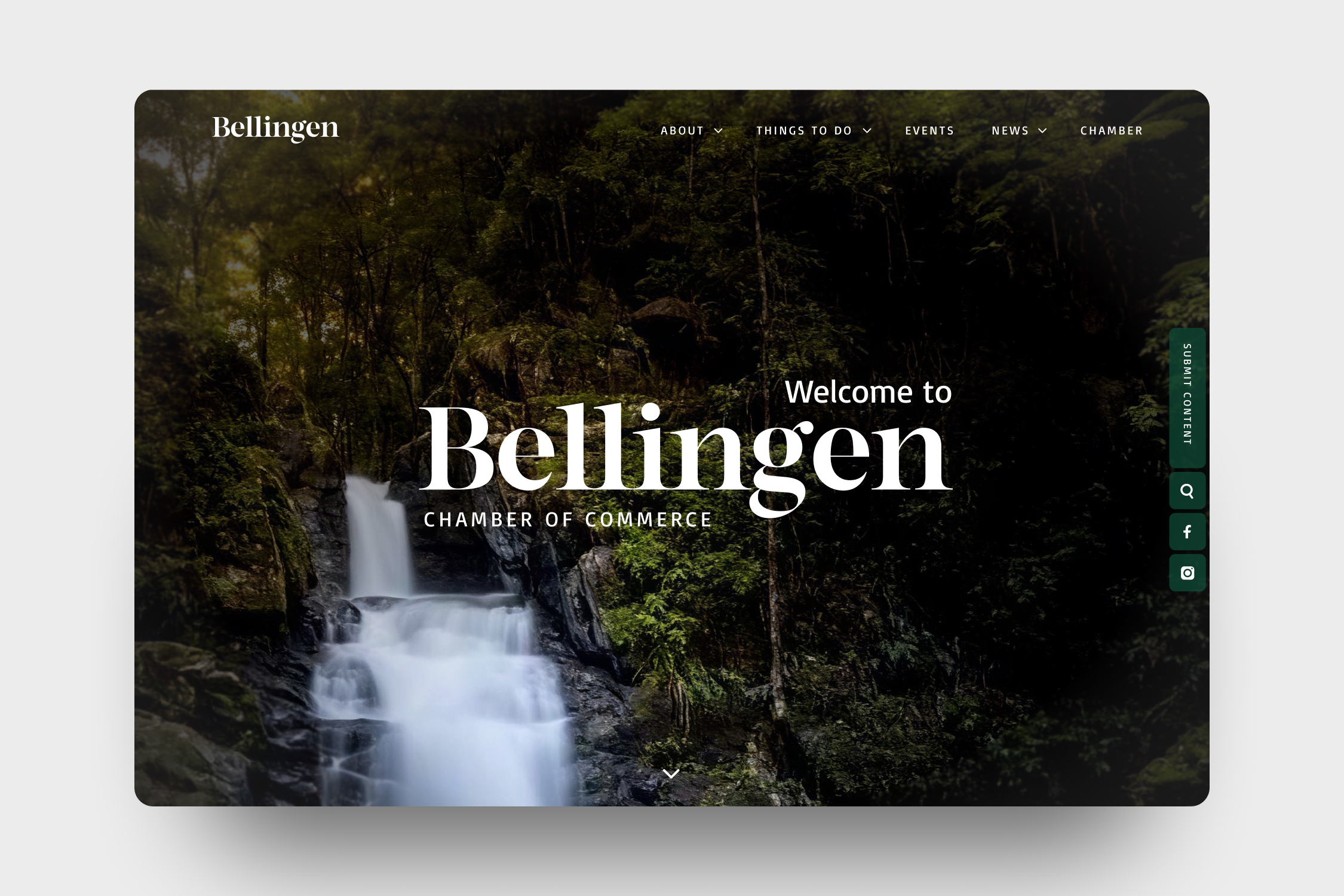 Bellingen website homepage showcase, with a waterfall behind the Welcome to Bellingen heading.