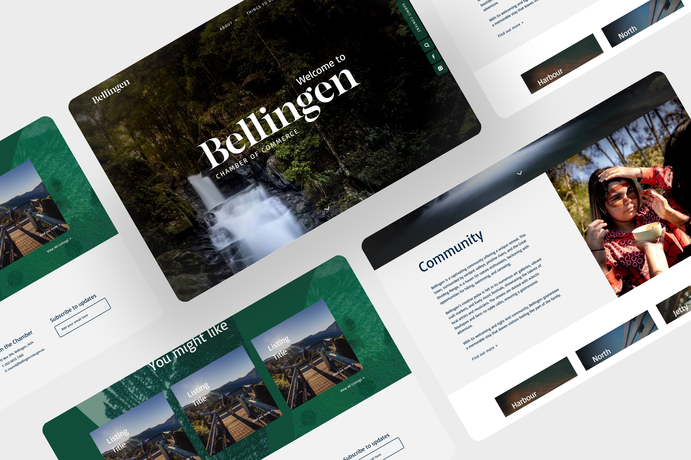 Angled collage of Bellingen website designs showing the waterfall homepage, community section and Cedar Bar venue page.