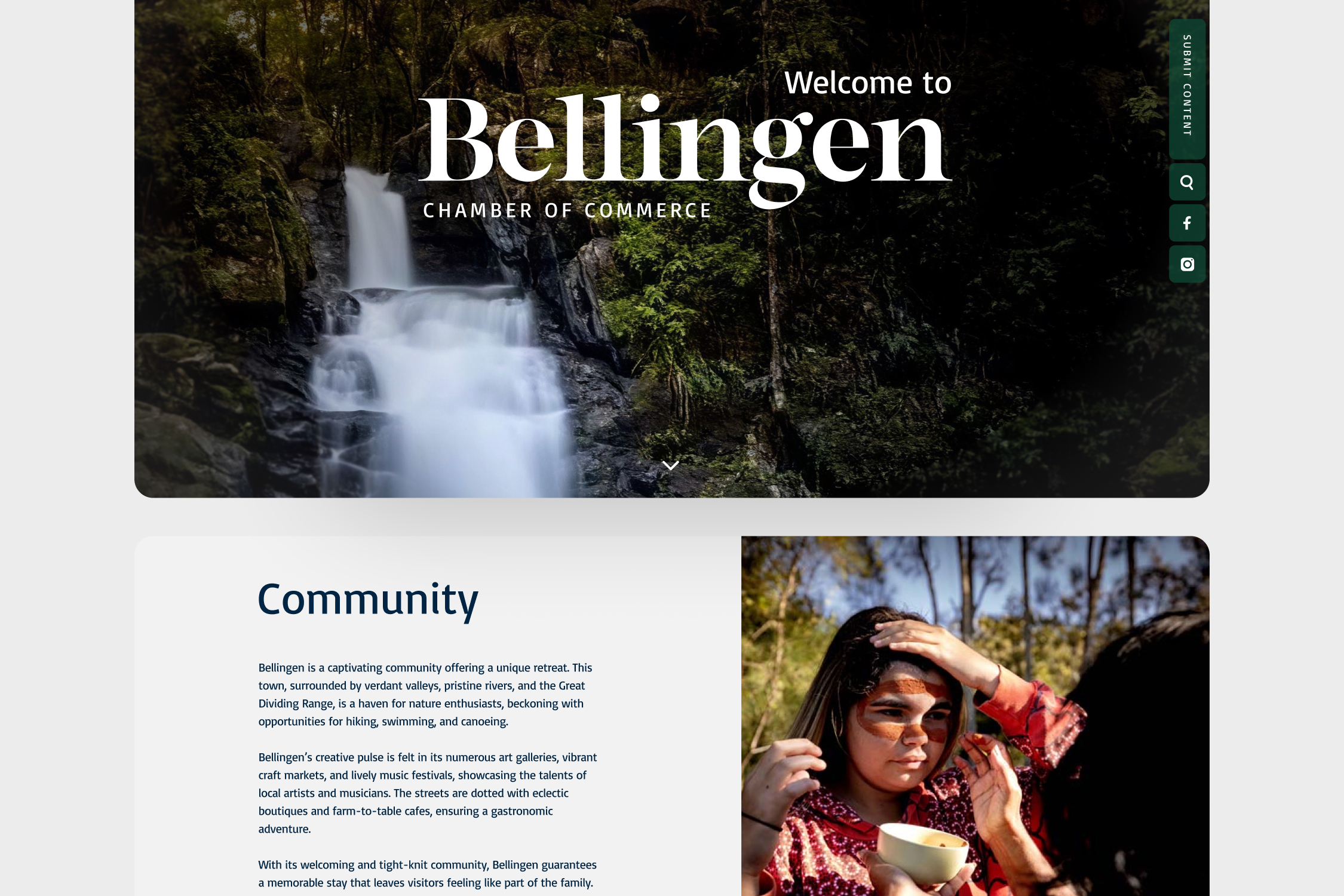 Bellingen website detail pairing the waterfall homepage with a community introduction and local photography.