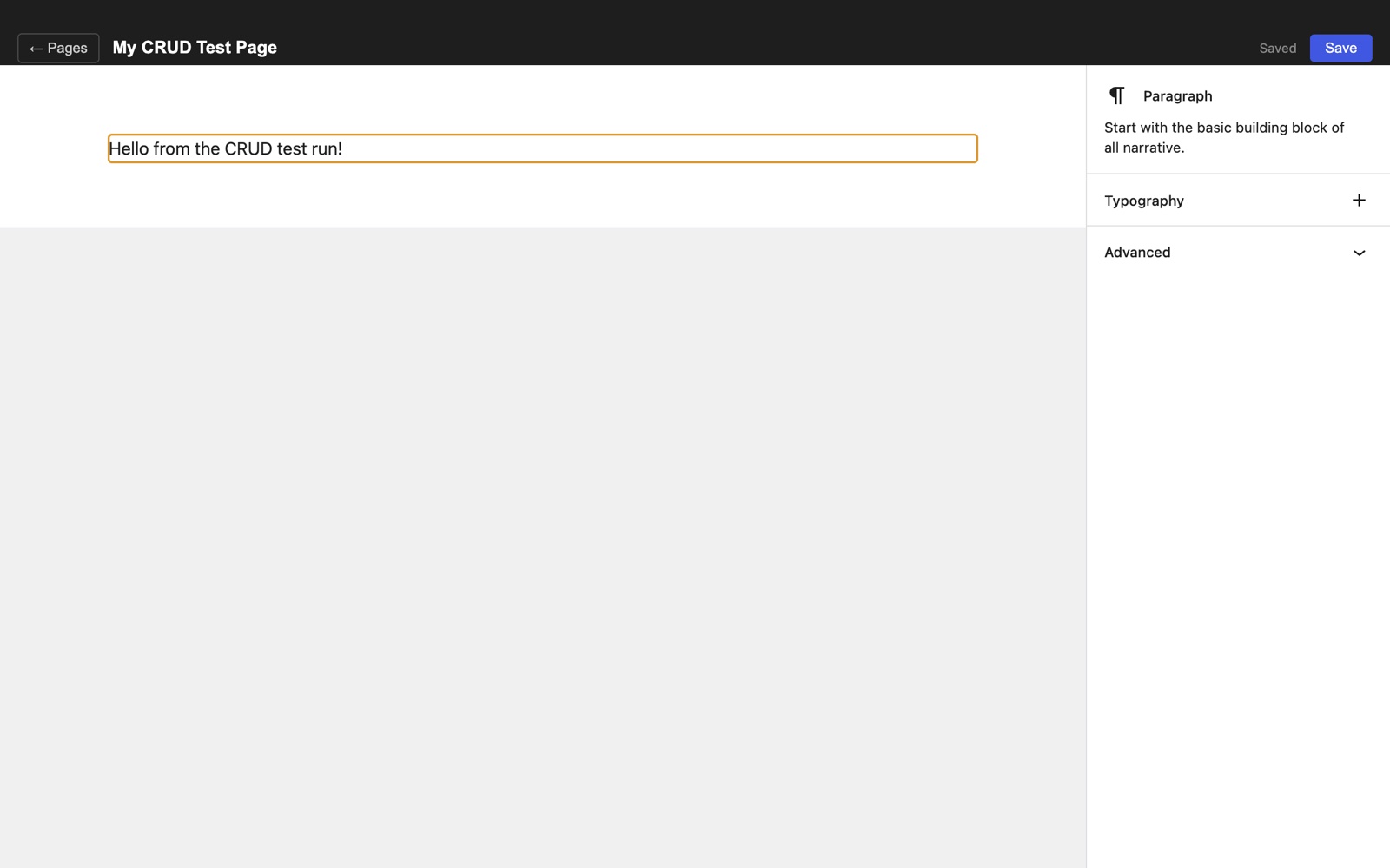 Block Editor desktop prototype with a saved test paragraph and Gutenberg’s block inspector