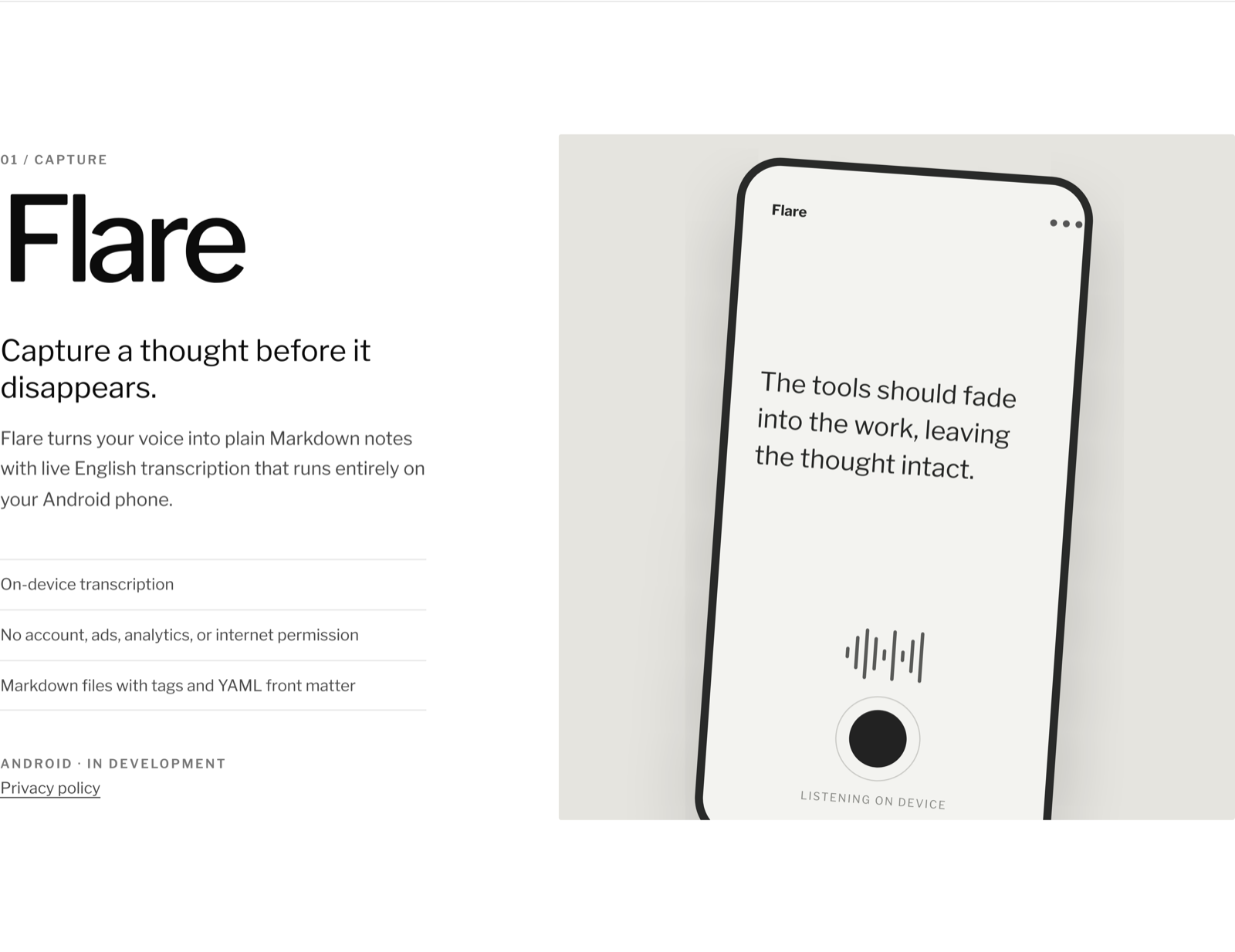 The Flare entry on the Flowforest site: a numbered label, the product name, a purpose line, three feature lines and an in-development status beside a phone drawn in CSS