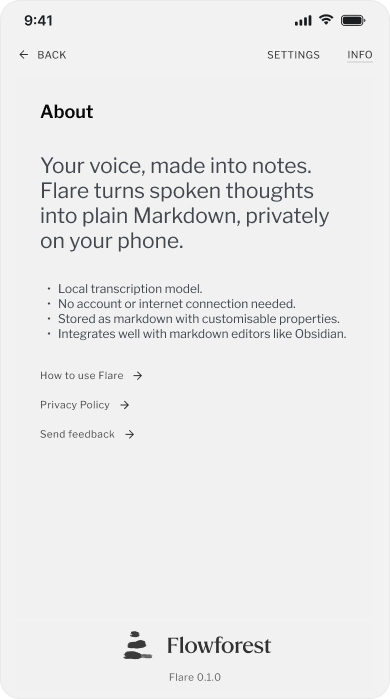 Flare information screen describing private local transcription