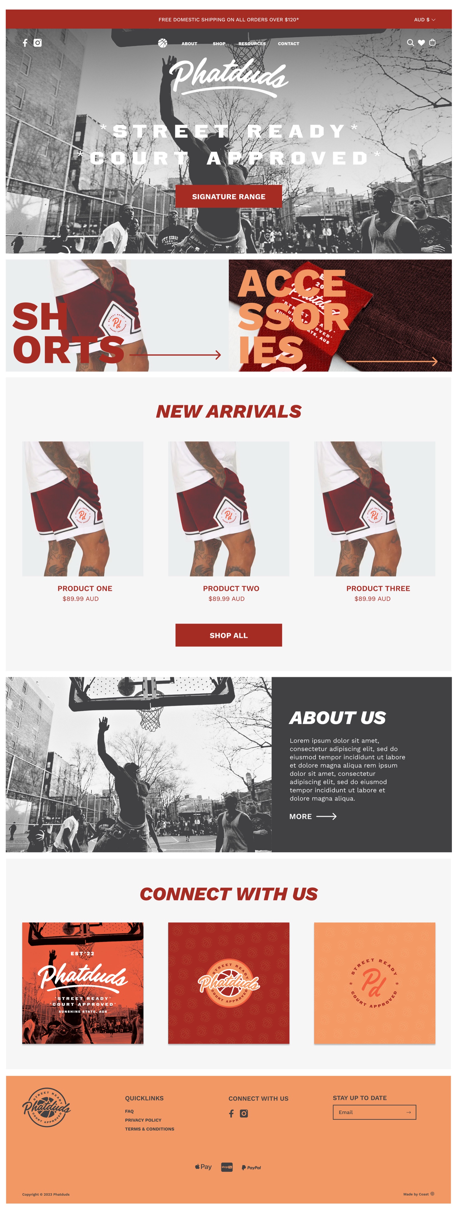 Phatduds desktop homepage design with basketball photography, shorts and accessories categories, new arrivals, brand story and social imagery