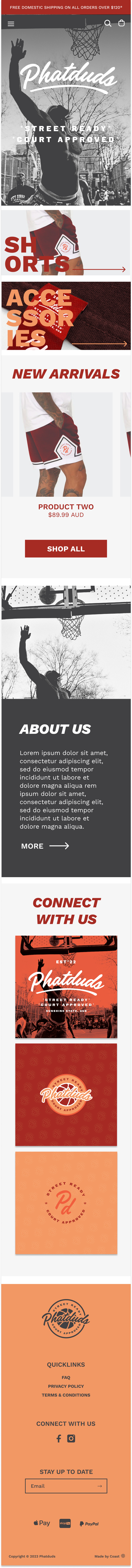 Phatduds mobile homepage design with stacked collection links, product cards and brand content