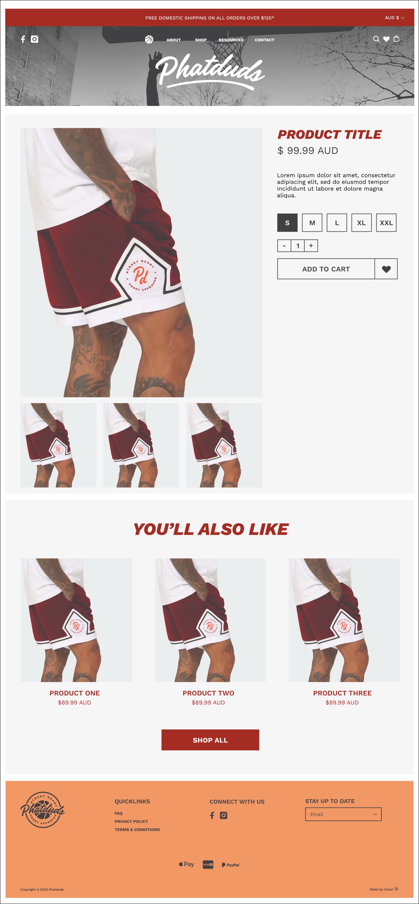 Phatduds desktop product page design with basketball shorts photography, size options, quantity selector, add-to-cart action and related products