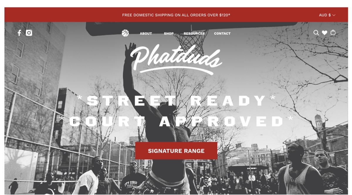 Phatduds storefront design with basketball photography and bold red calls to action